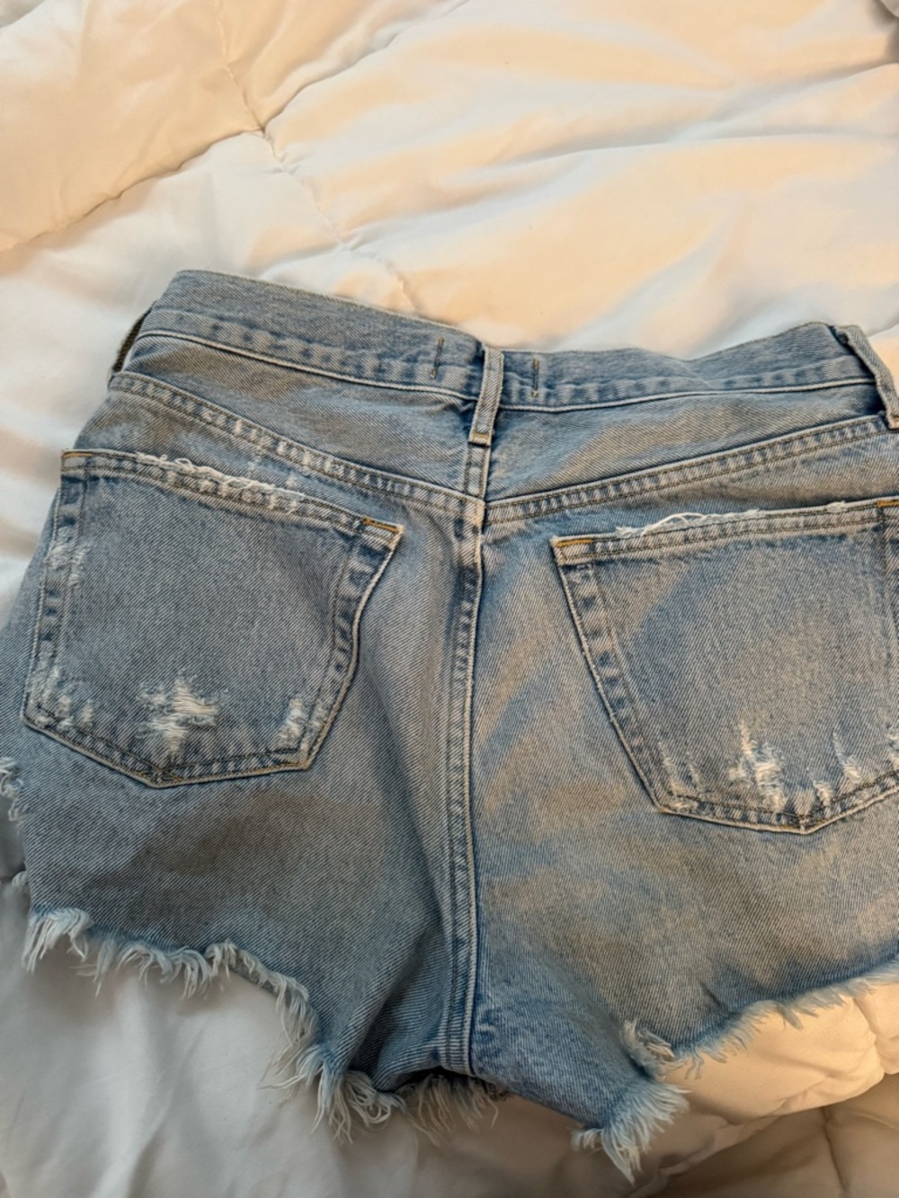 Agolde Light Blue Frayed Hem Distressed Denim Shorts - Picture 3 of 3